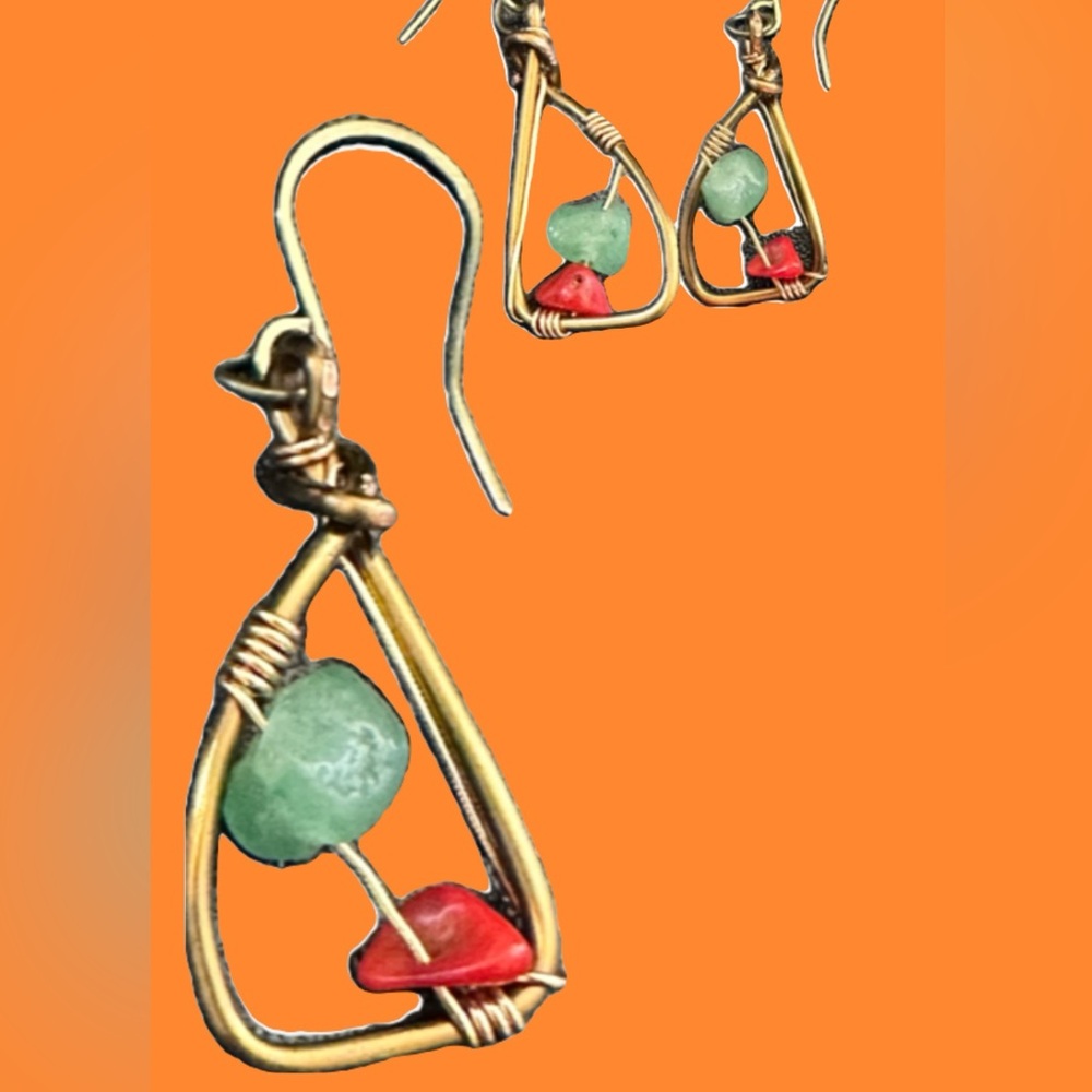 Elegant Wire Wrapped Earrings with Natural Red and Green Stone Beads